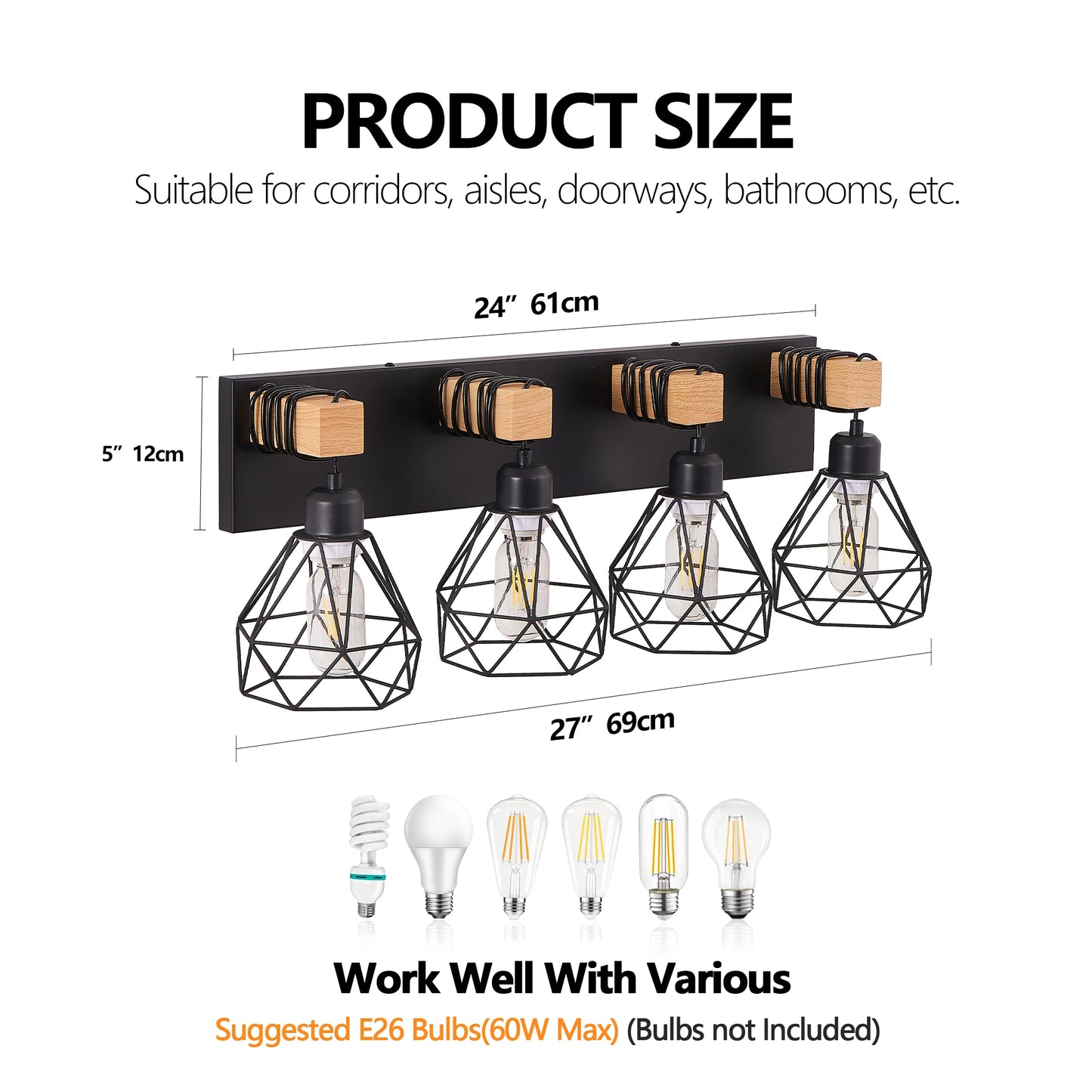 Vanity Wall Light Farmhouse Geometric Black Iron E26 Socket