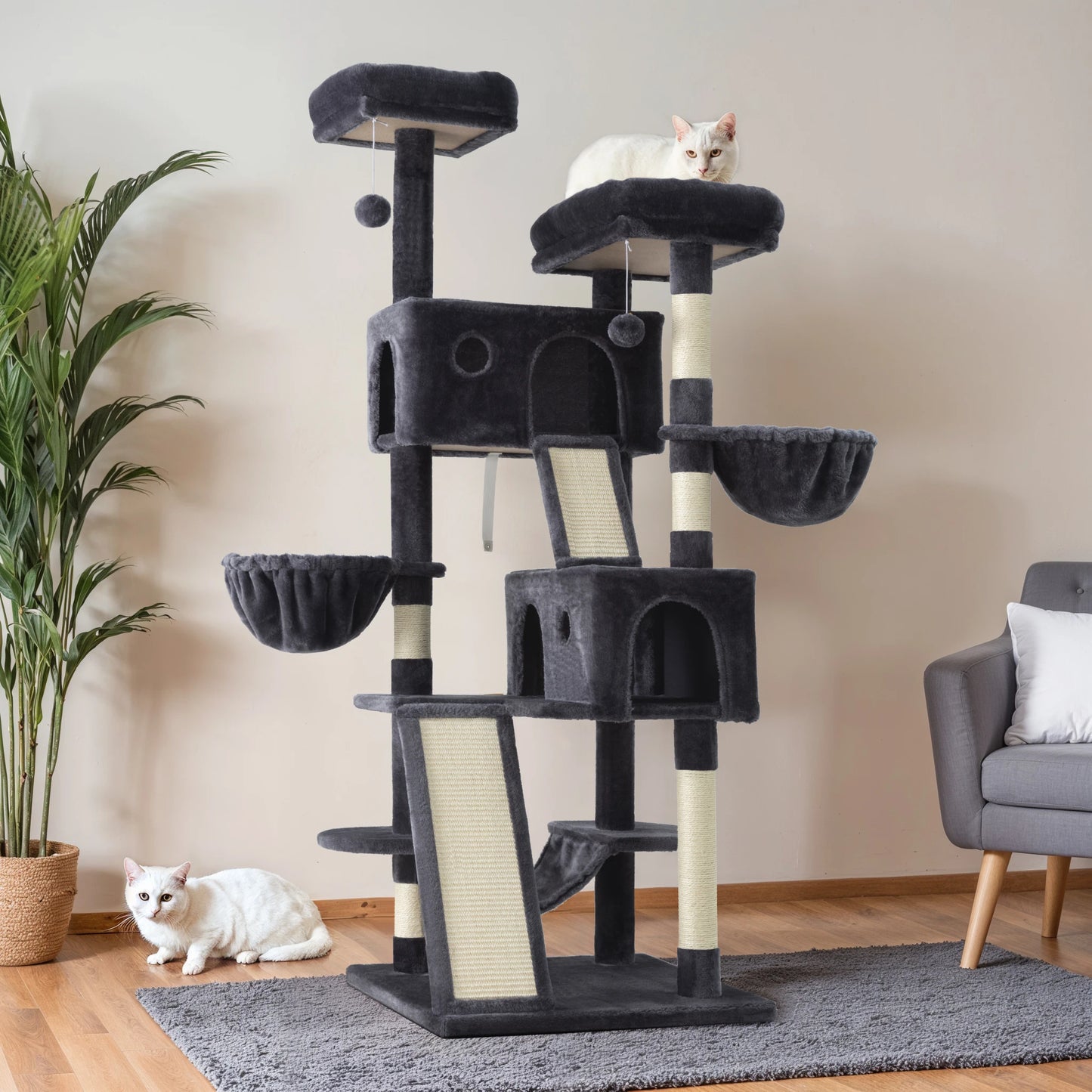 Hoomic 65 Inch Multi Level Large Cat Tree Tower Cozy Plush Cat Perches Cat Condo with Baskets Sisal Scratching Post