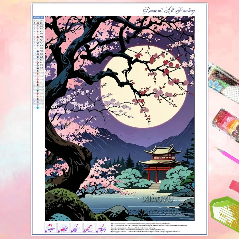 Xiaoyu Diamond Painting Cherry Blossom Mountain Mosaic Kit