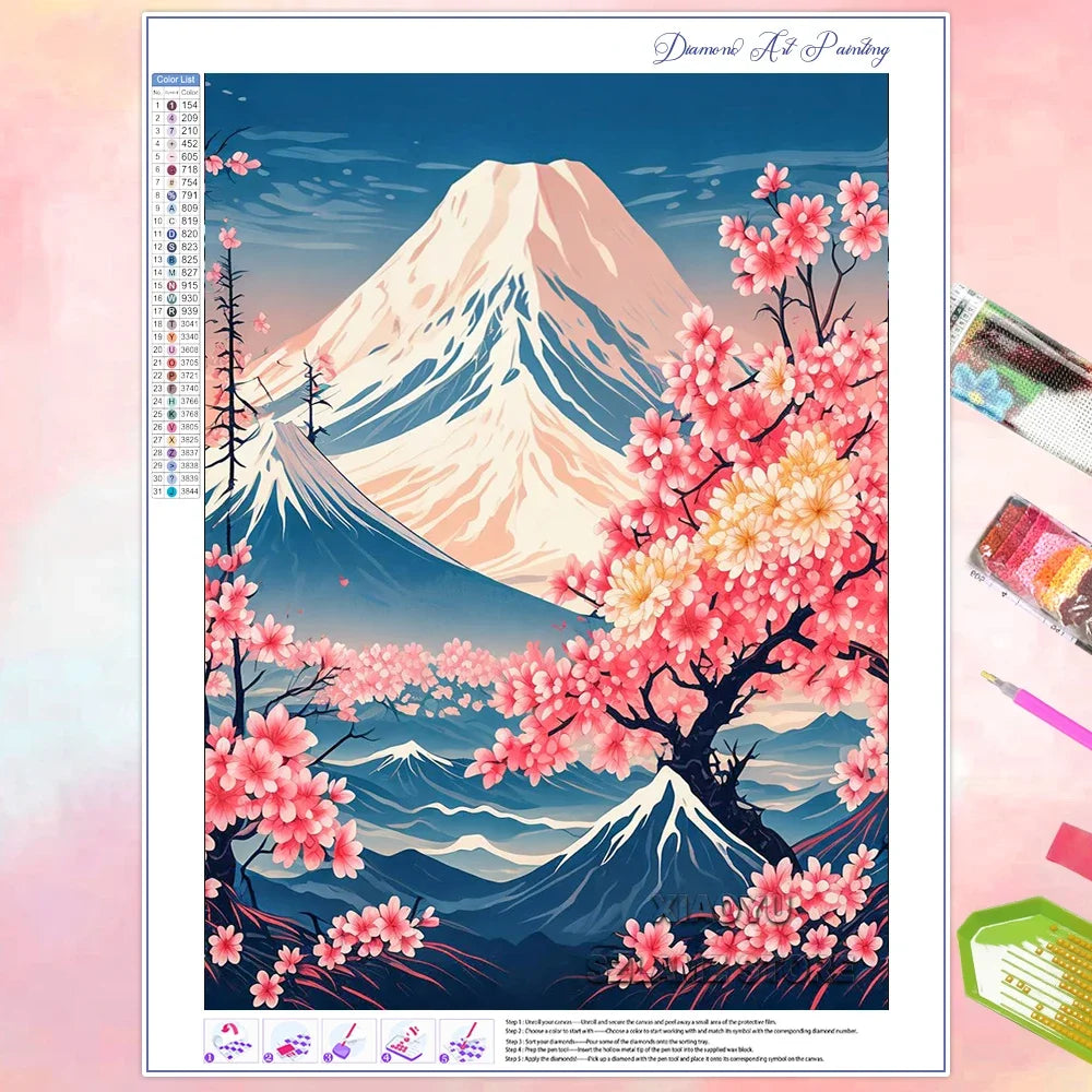 Xiaoyu Diamond Painting Cherry Blossom Mountain Mosaic Kit