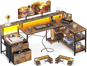 L Shaped Desk with File Drawer and Power Outlet for Home Office