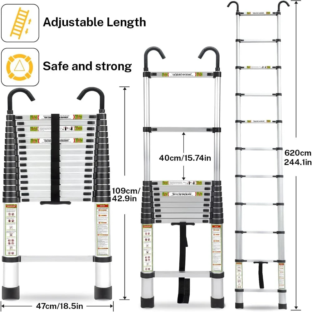 RIKADE Telescopic Aluminum Ladder with Hook and Non Slip