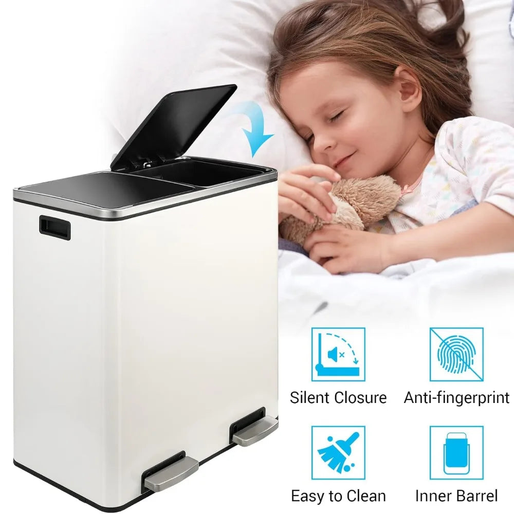 60L Dual Compartment Stainless Steel Kitchen Trash Can