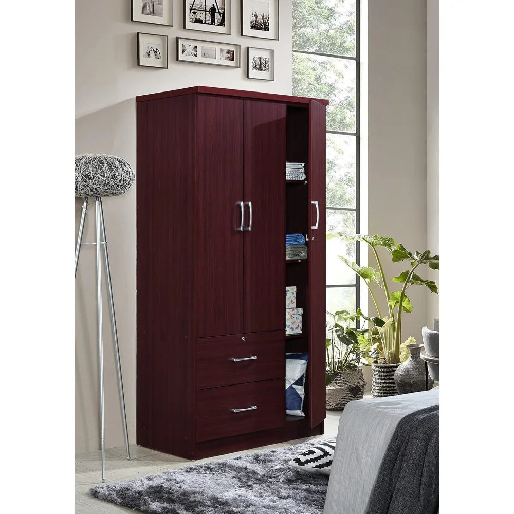 Mahogany 3-Door Armoire with 2 Drawers and 3 Shelves