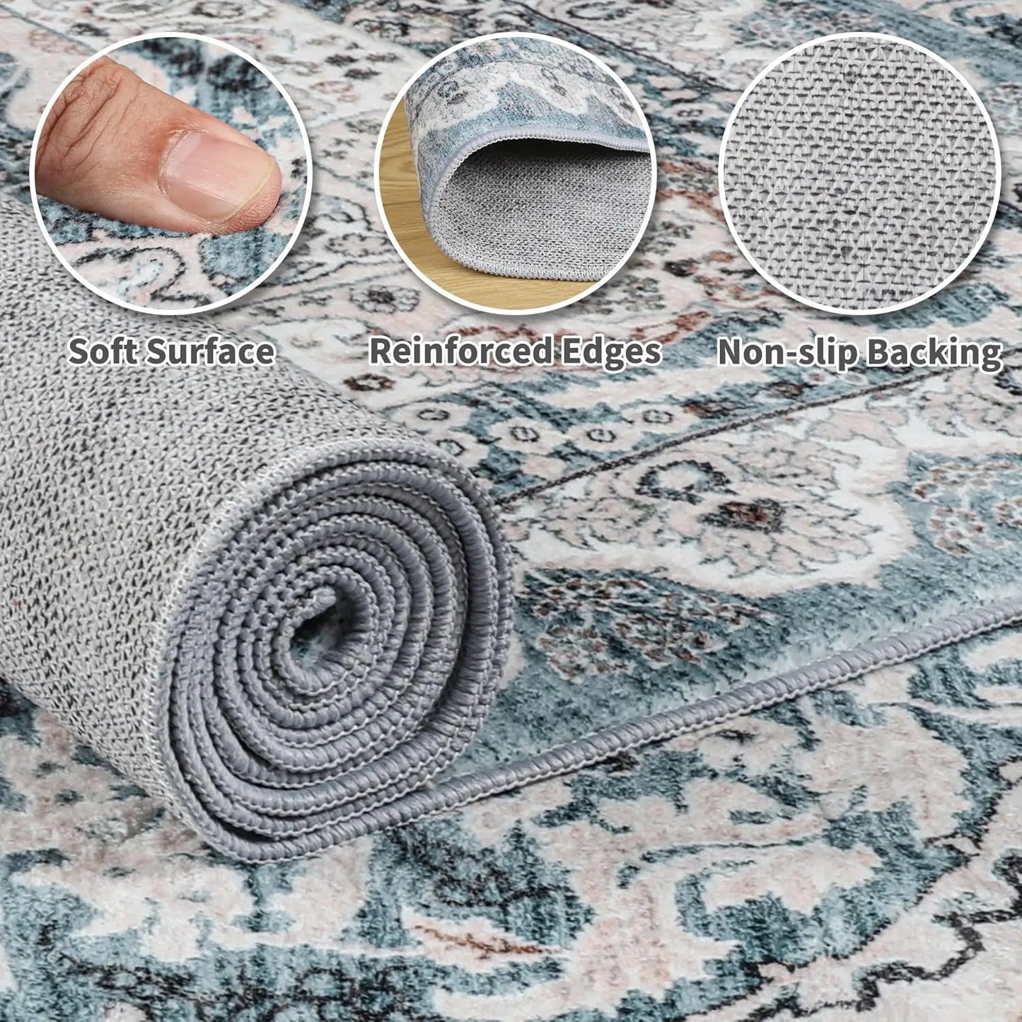 Noahas Machine Washable Vintage Area Rug Non Slip Backing