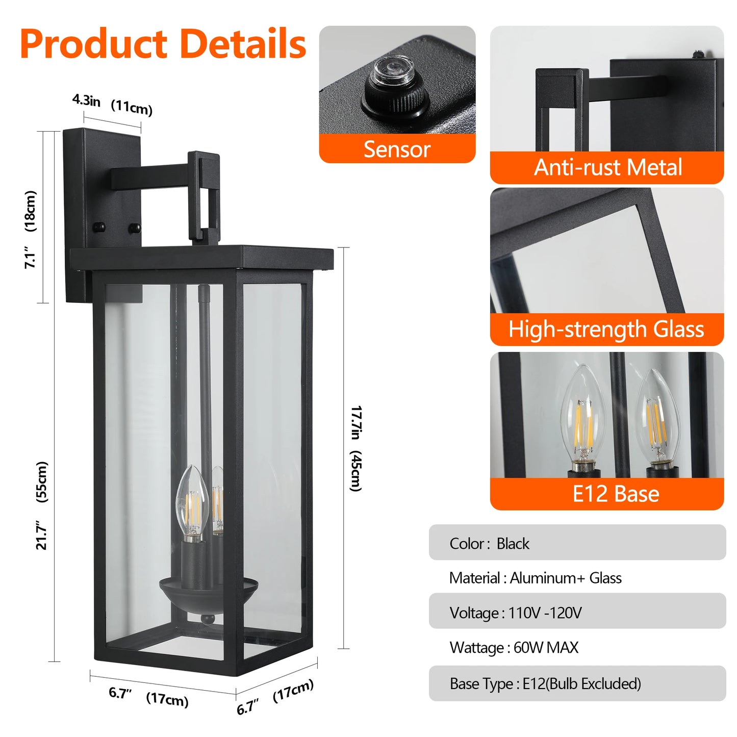Outdoor Wall Lantern Dusk To Dawn Sensor Matte Black Finish