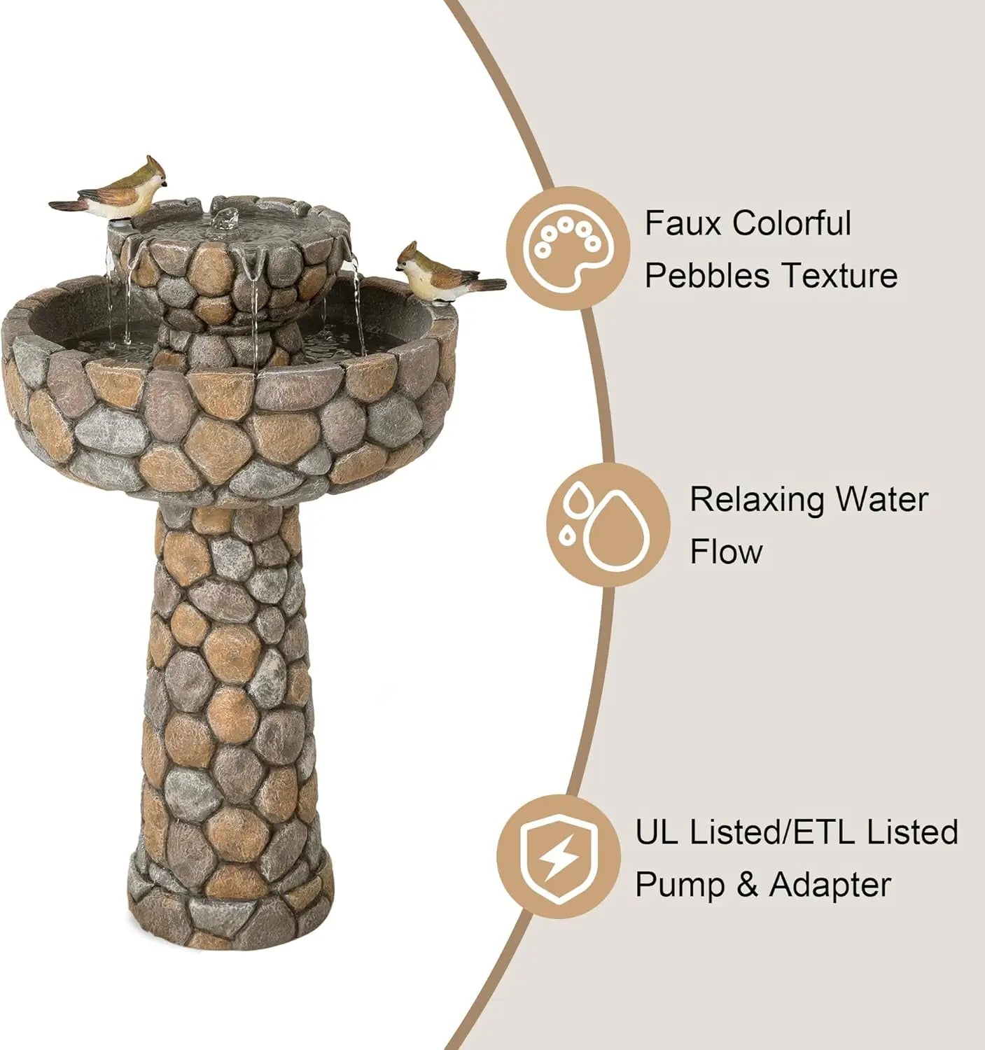 Tier Stone Outdoor Water Fountain with Birds and Bird Bath