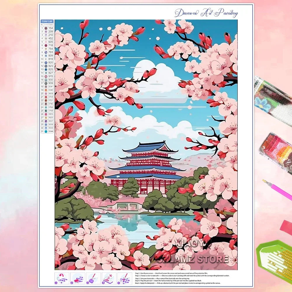 Xiaoyu Diamond Painting Cherry Blossom Mountain Mosaic Kit