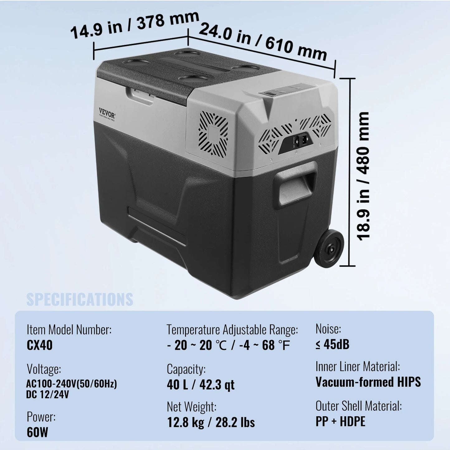 VEVOR 12 Volt 30L Portable Car Refrigerator with Wheels