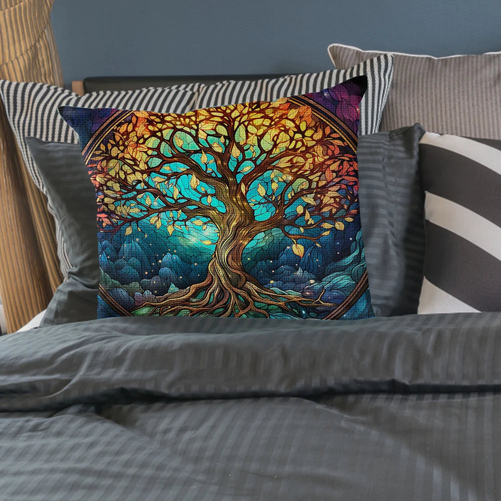 17.72 x 17.72 Inch Tree of Life Cross Stitch Pillow Kit Cotton Cushion Embroidery Kit for Adults and Beginners