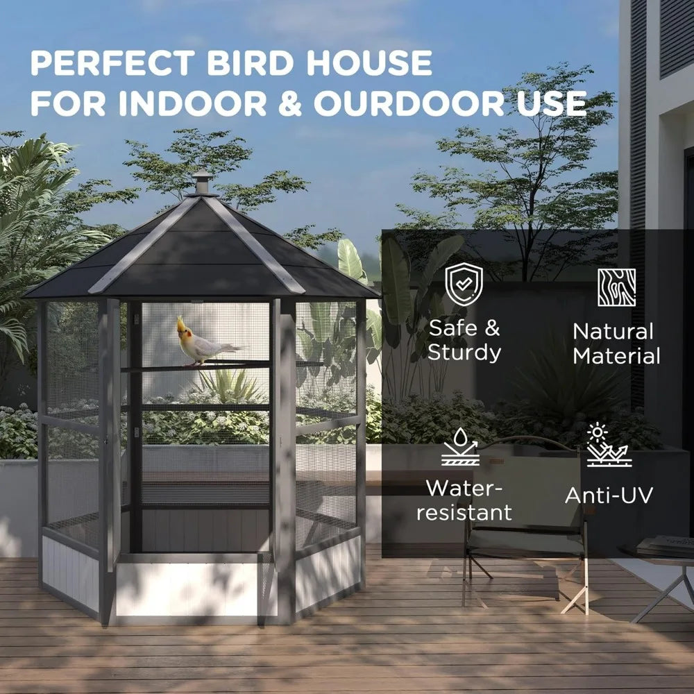 RBXCM Large Wooden Hexagonal Bird Cage – Spacious Outdoor Aviary