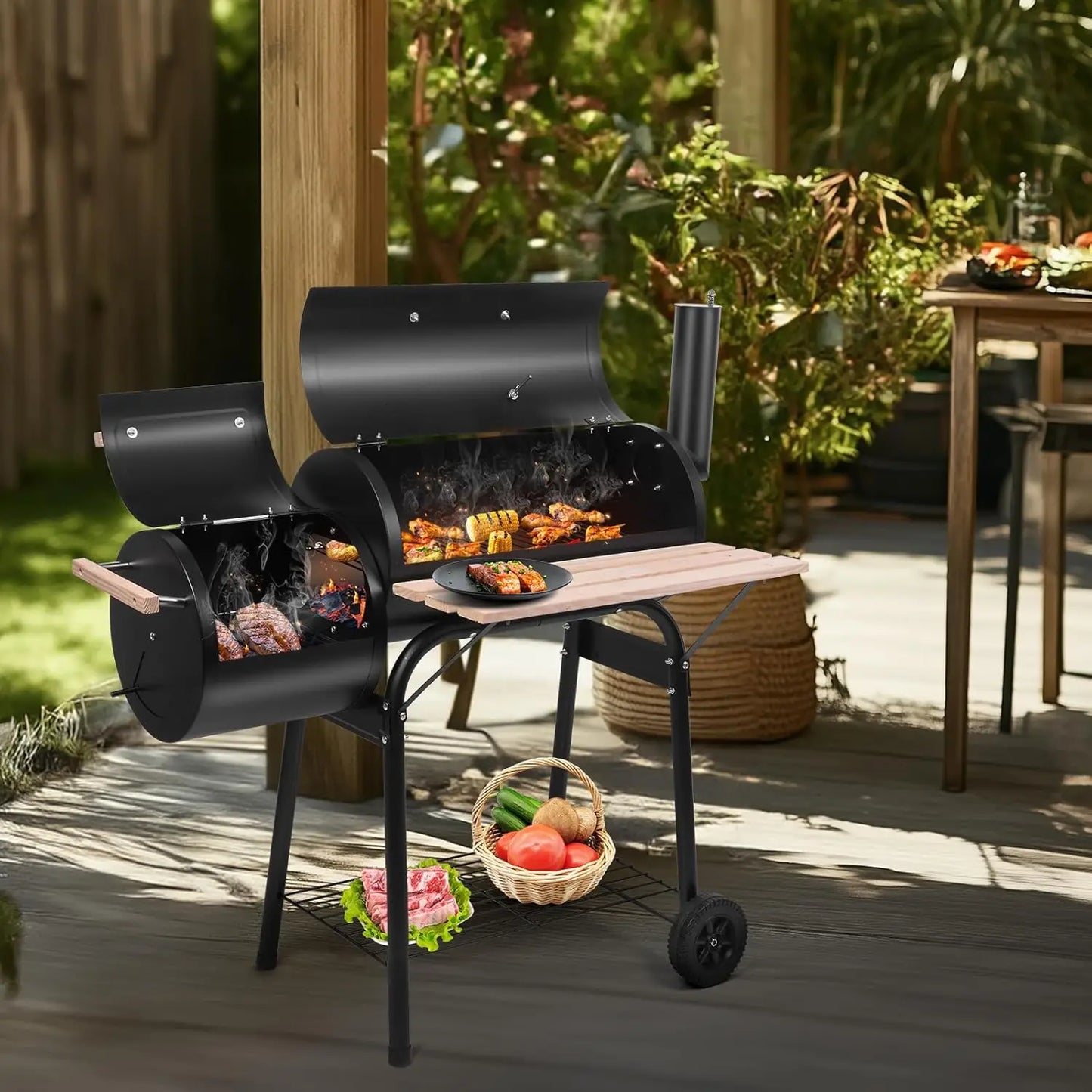 BBQ Charcoal Grill with Offset Smoker for Outdoor Cooking