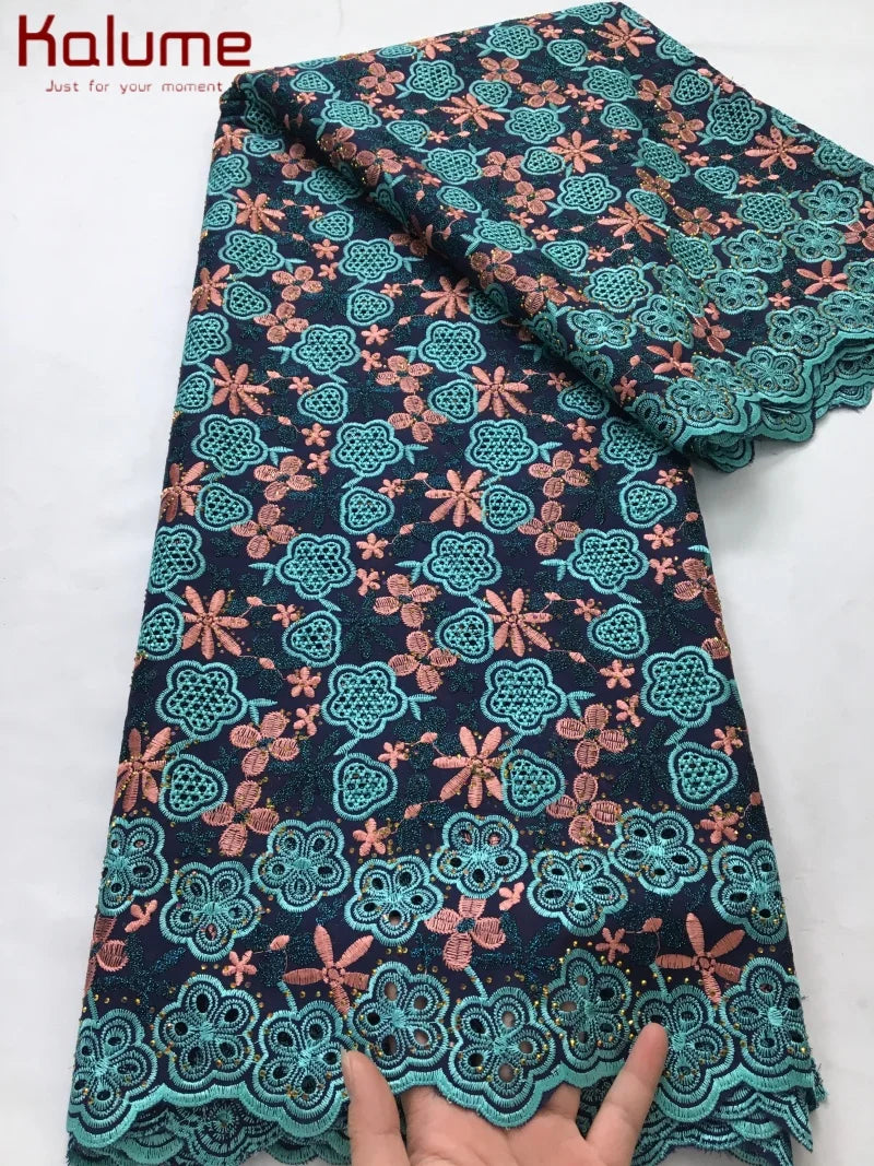 Kalume African Cotton Embroidered Lace Fabric With Stones