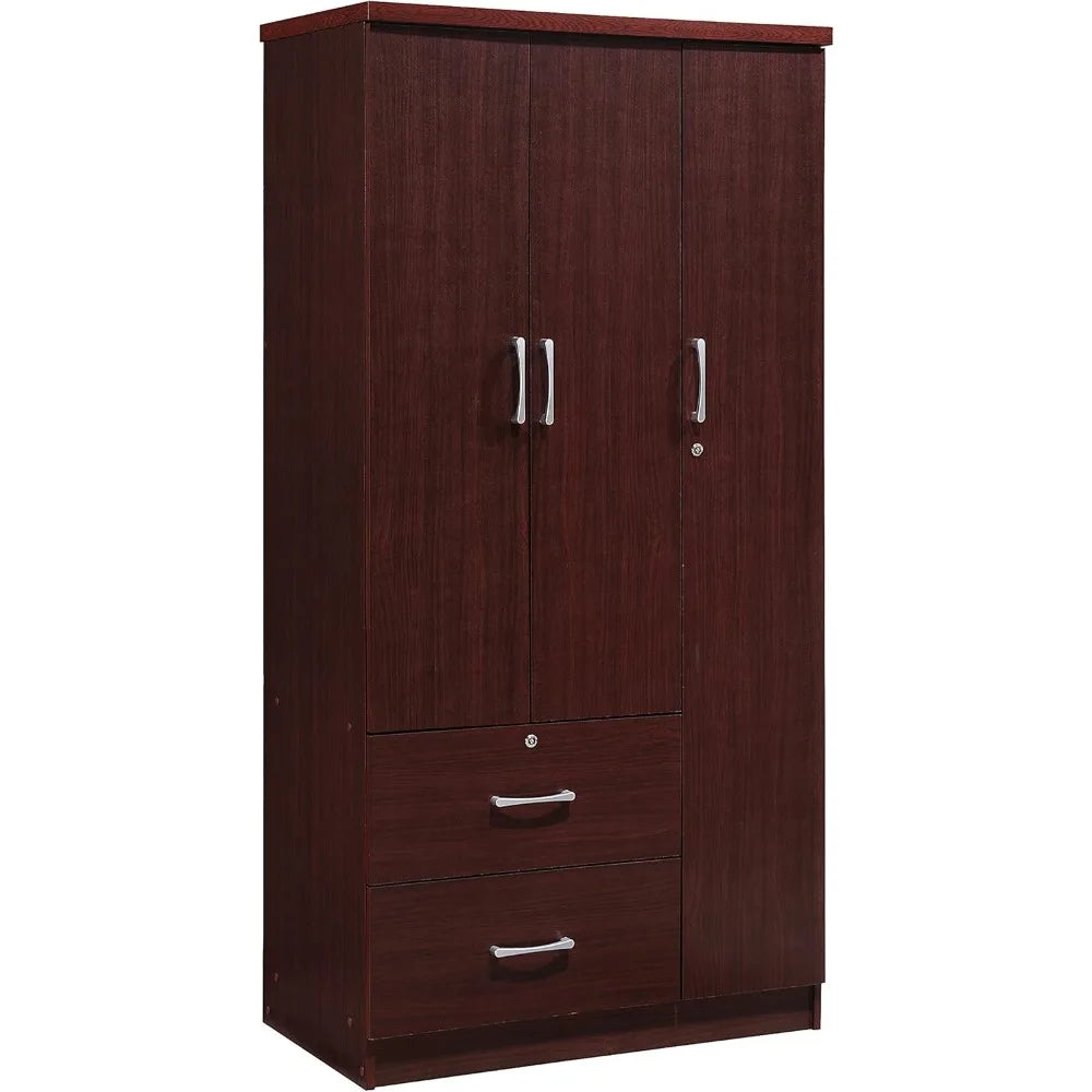 Mahogany 3-Door Armoire with 2 Drawers and 3 Shelves