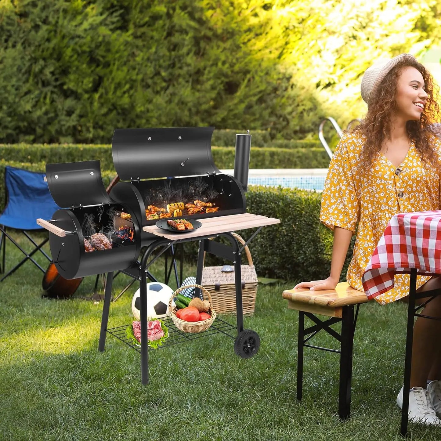 BBQ Charcoal Grill with Offset Smoker for Outdoor Cooking