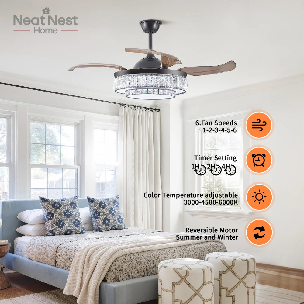 Contemporary Crystal LED Retractable Ceiling Fan with Remote
