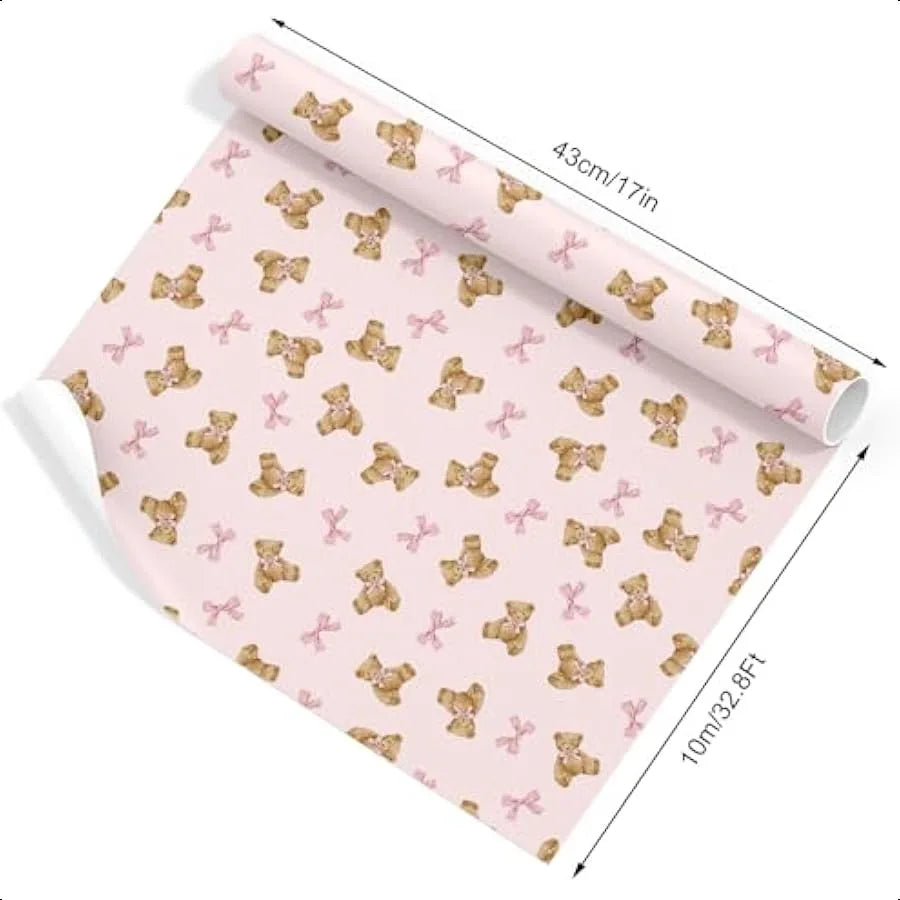 Pink Bow Bear Gift Wrap Paper Mini Roll 17 Inch x 32.8 Ft