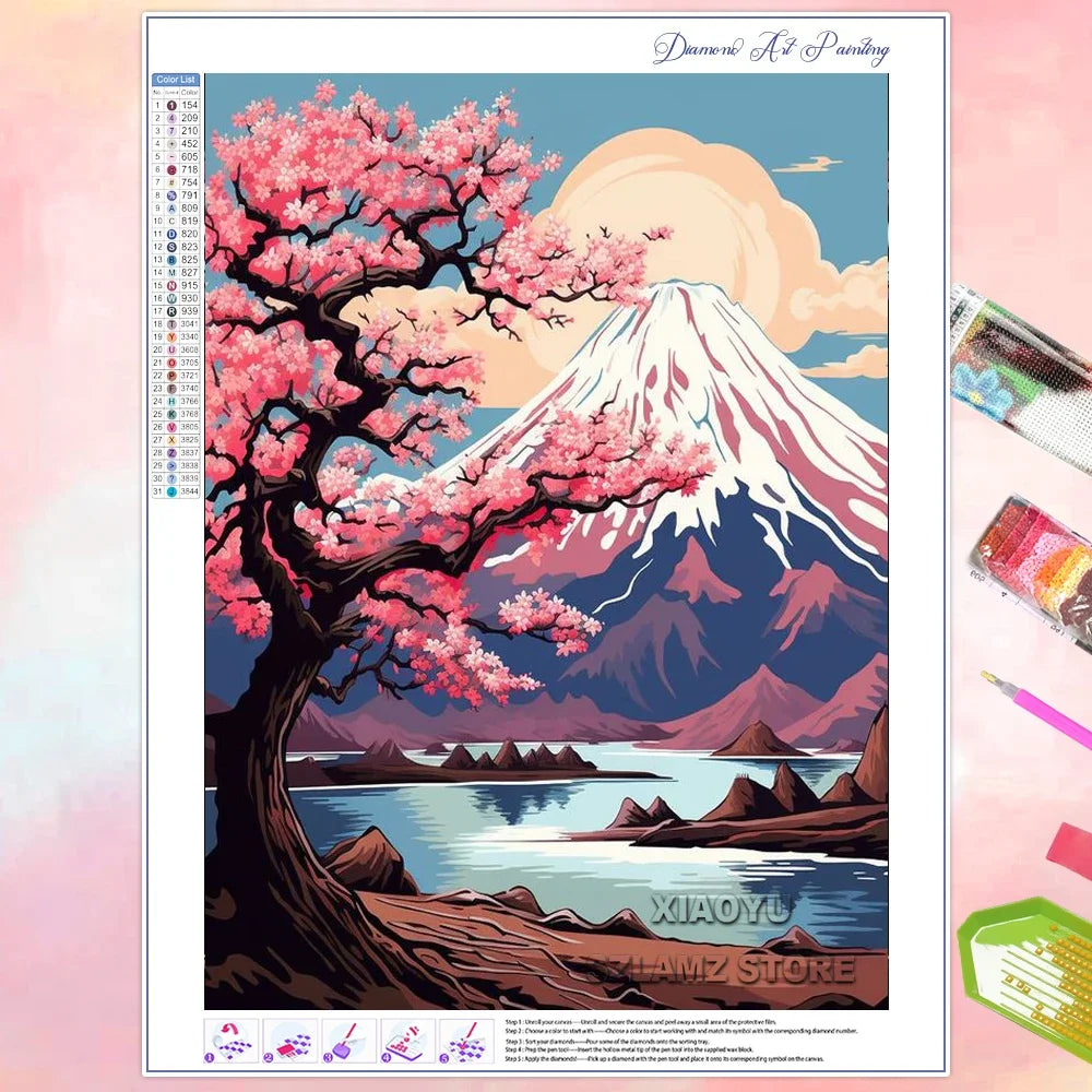 Xiaoyu Diamond Painting Cherry Blossom Mountain Mosaic Kit