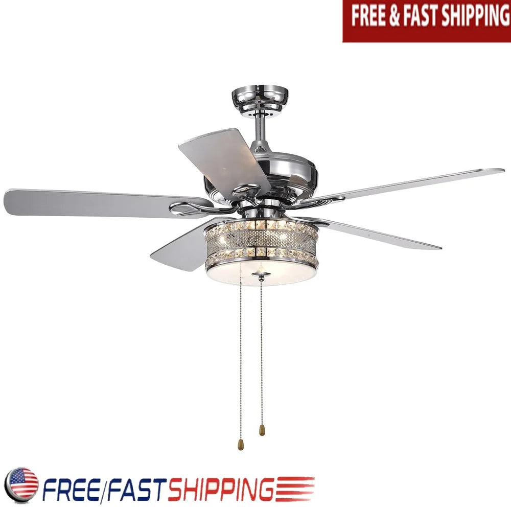 XMSJ Chrome Crystal Ceiling Fan With Three Light Drum Lamp