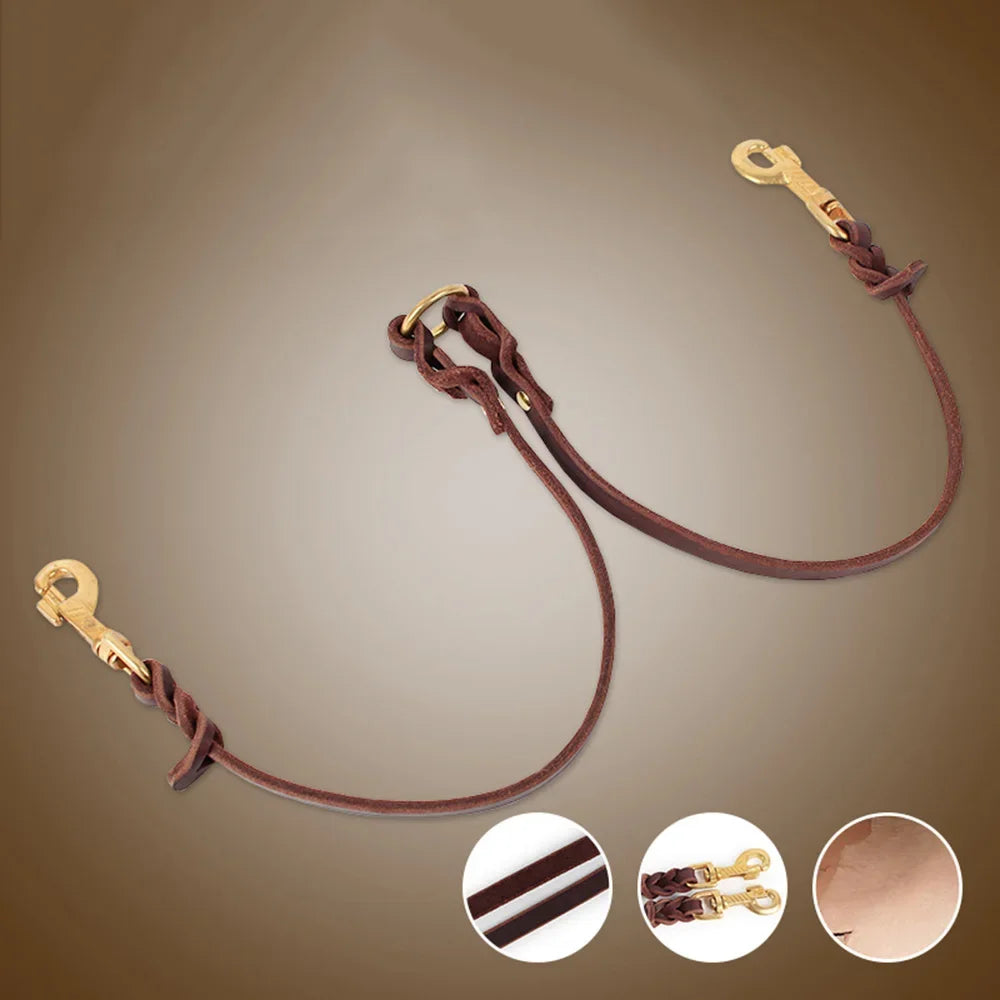 Real Leather Double Dog Leash No Tangle Dual Coupler