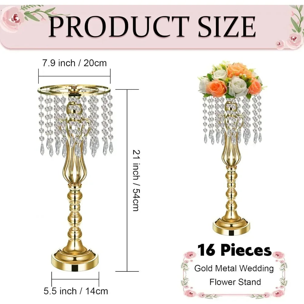 16 Pcs Wedding Centerpieces with Chandelier Crystal Tall Flower Vases for Party Home Decoration