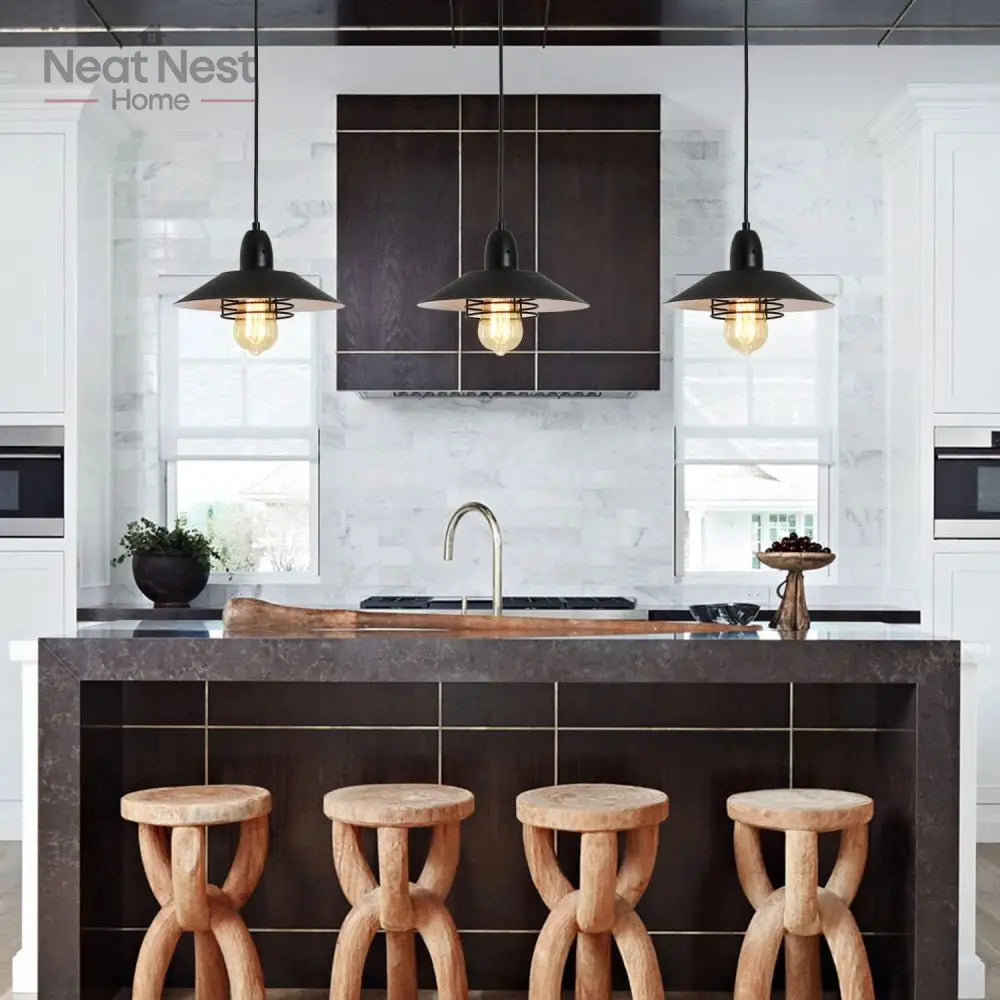 Farmhouse Vintage Black Pendant Light with Adjustable Spring Frame