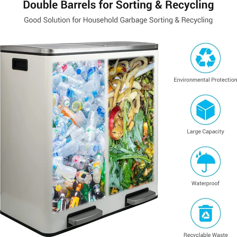 60L Dual Compartment Stainless Steel Kitchen Trash Can