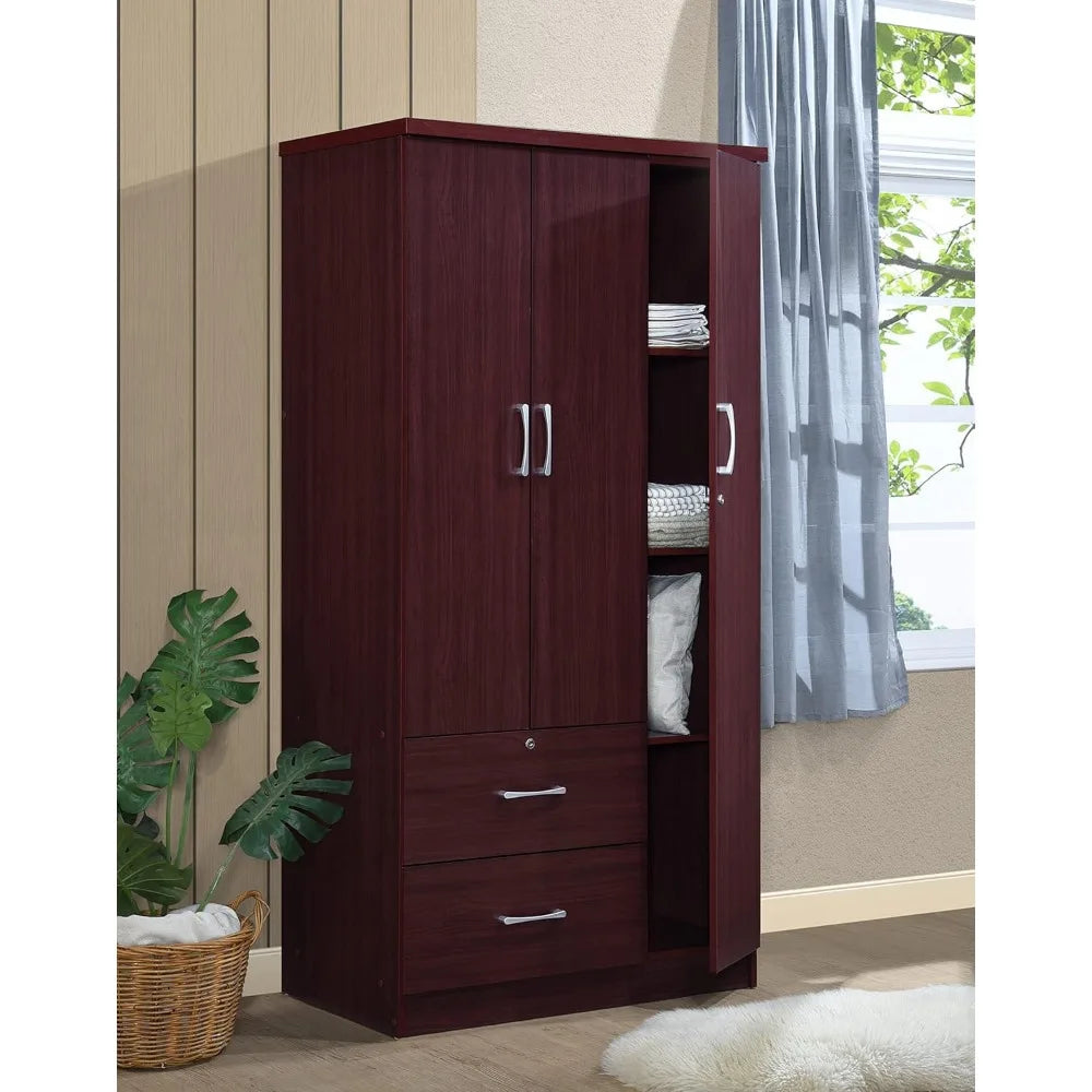 Mahogany 3-Door Armoire with 2 Drawers and 3 Shelves