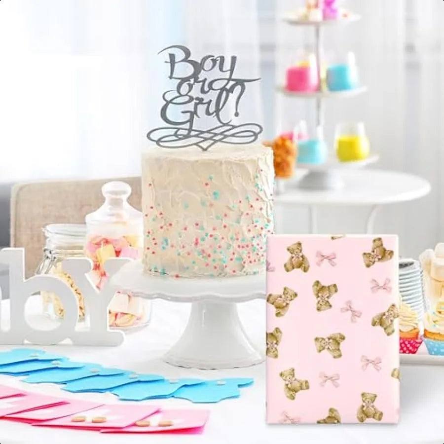 Pink Bow Bear Gift Wrap Paper Mini Roll 17 Inch x 32.8 Ft