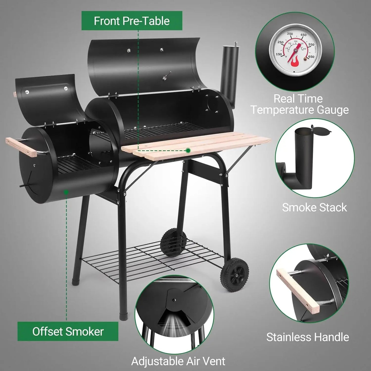 BBQ Charcoal Grill with Offset Smoker for Outdoor Cooking