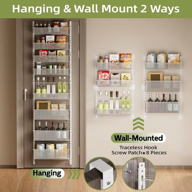 8 Tier Pantry Door Organizer Shelves Metal Hanging and Wall Mount Spice Rack Organizer Pantry Door Organization for Kitchen Storage