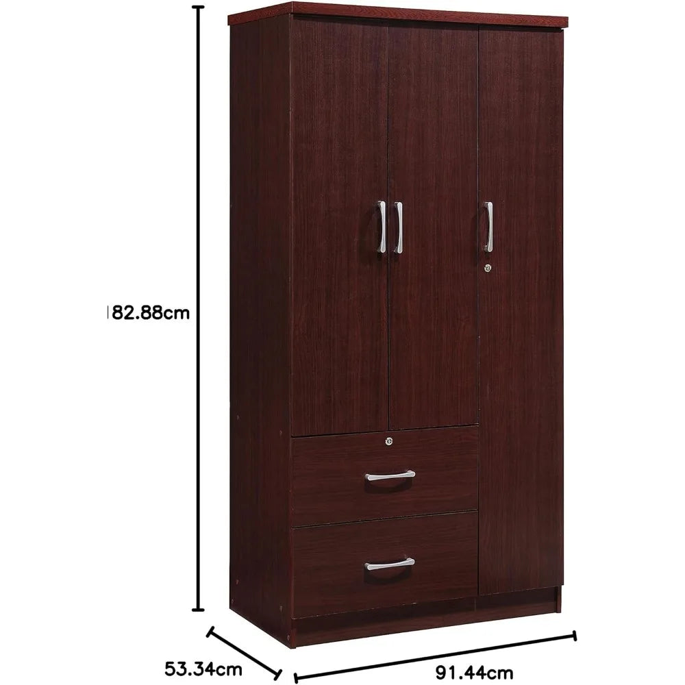 Mahogany 3-Door Armoire with 2 Drawers and 3 Shelves