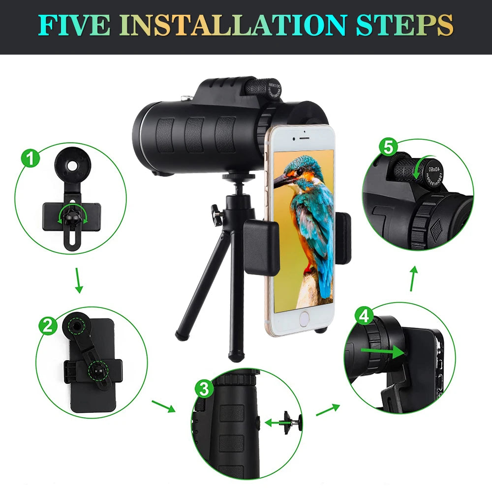 80x100 HD Zoom Monocular Telescope with Tripod for Camping