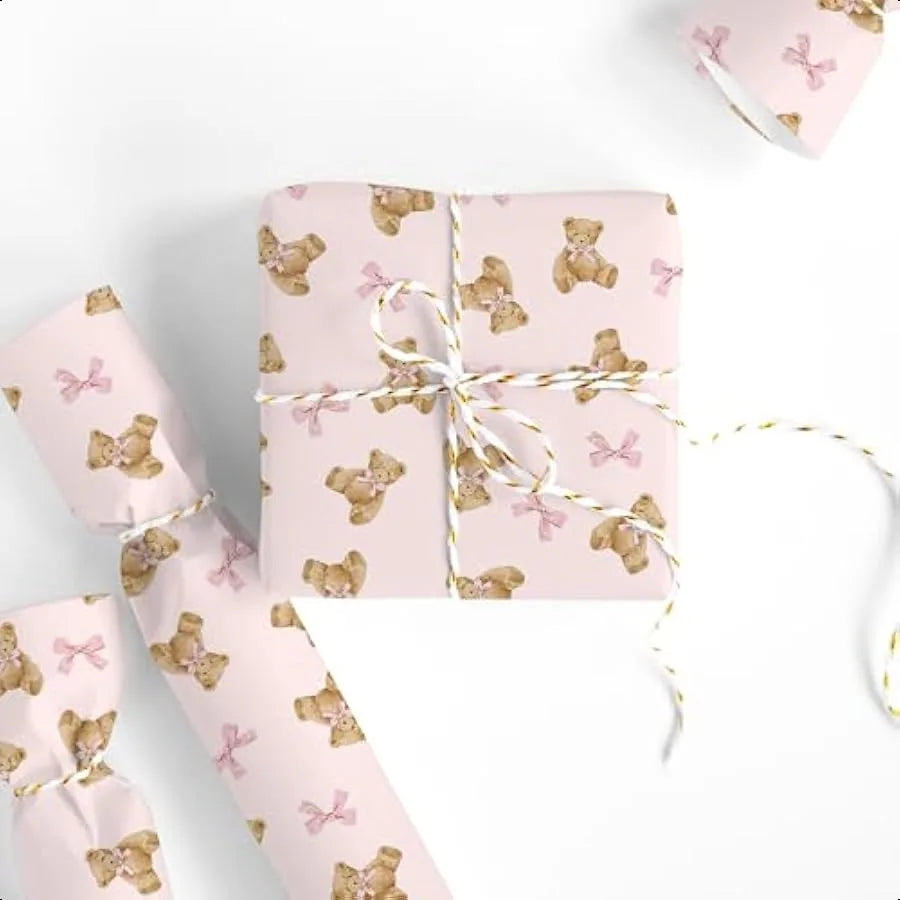 Pink Bow Bear Gift Wrap Paper Mini Roll 17 Inch x 32.8 Ft