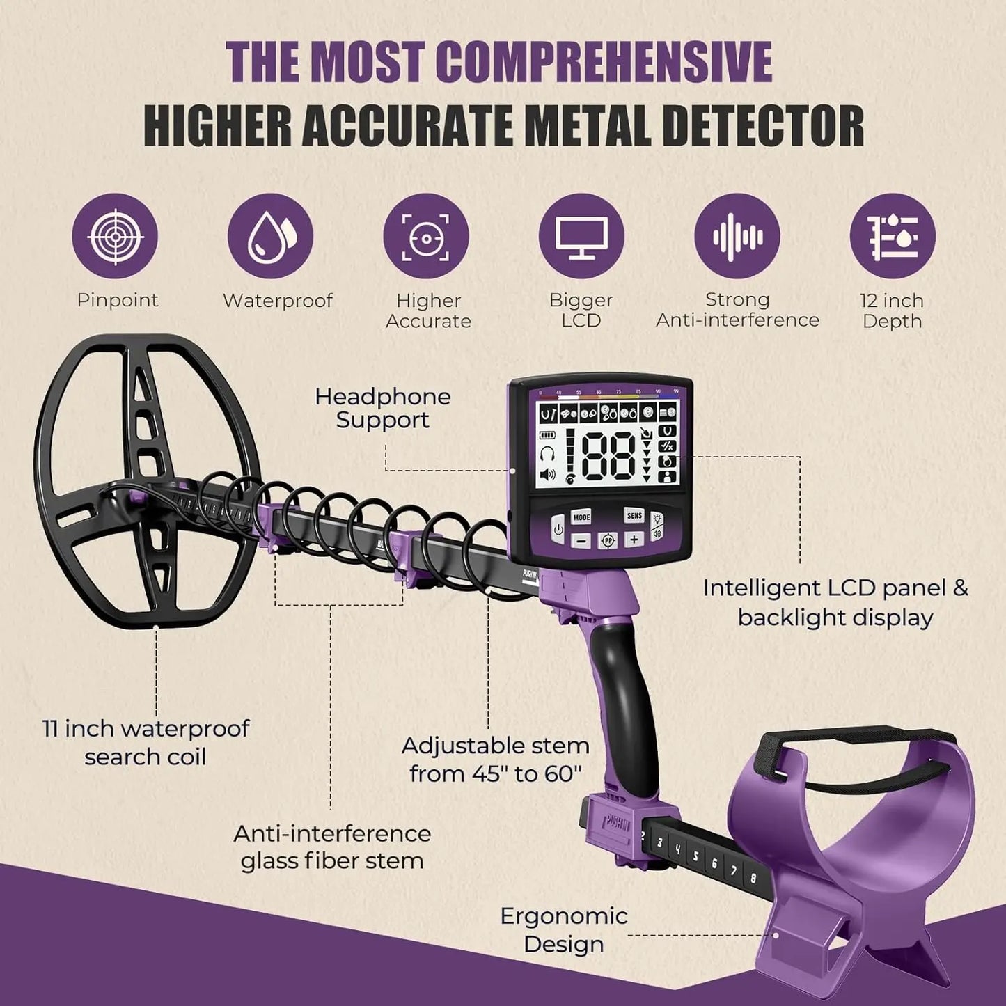 Professional Waterproof Metal Detector with Backlit LCD Display