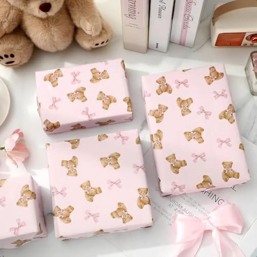 Pink Bow Bear Gift Wrap Paper Mini Roll 17 Inch x 32.8 Ft