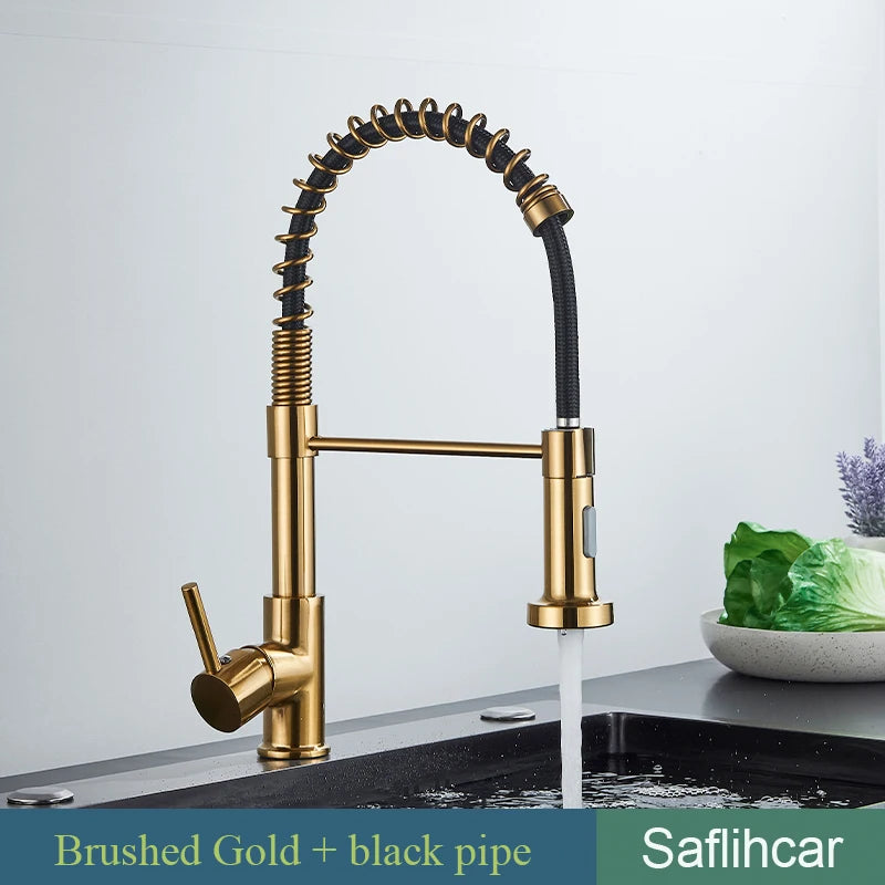 SAFLIHCAR Brass Pulldown Kitchen Sink Faucet Hot Cold Water