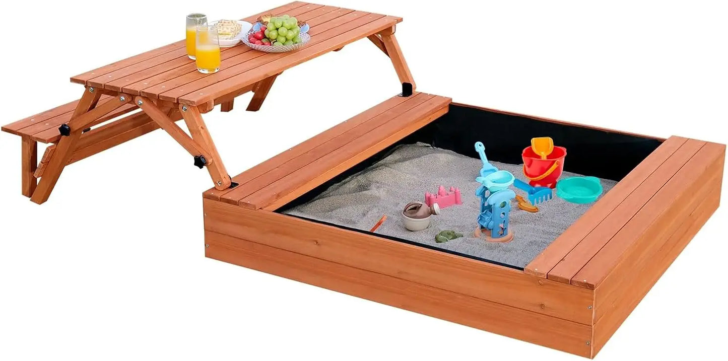 CHENGWEI Wooden Sandbox With Lid And Outdoor Picnic Table