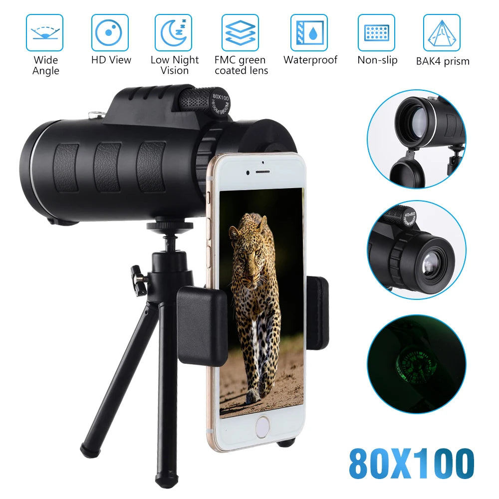 80x100 HD Zoom Monocular Telescope with Tripod for Camping