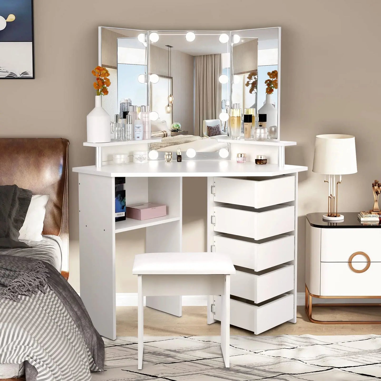 VOWNER Vanity With Lights And Mirror Makeup Table Stool