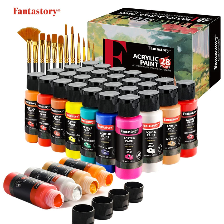 Fantastory 28 Color Acrylic Paint Set With 12 Brushes