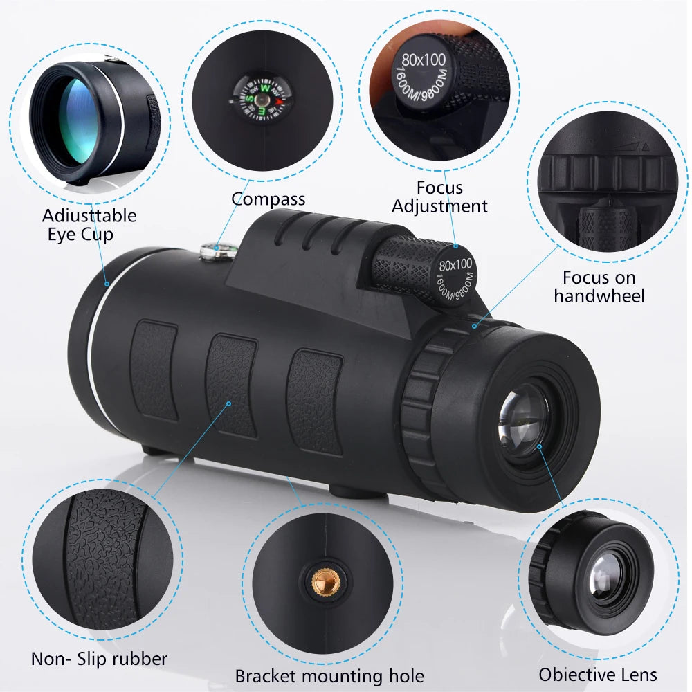 80x100 HD Zoom Monocular Telescope with Tripod for Camping