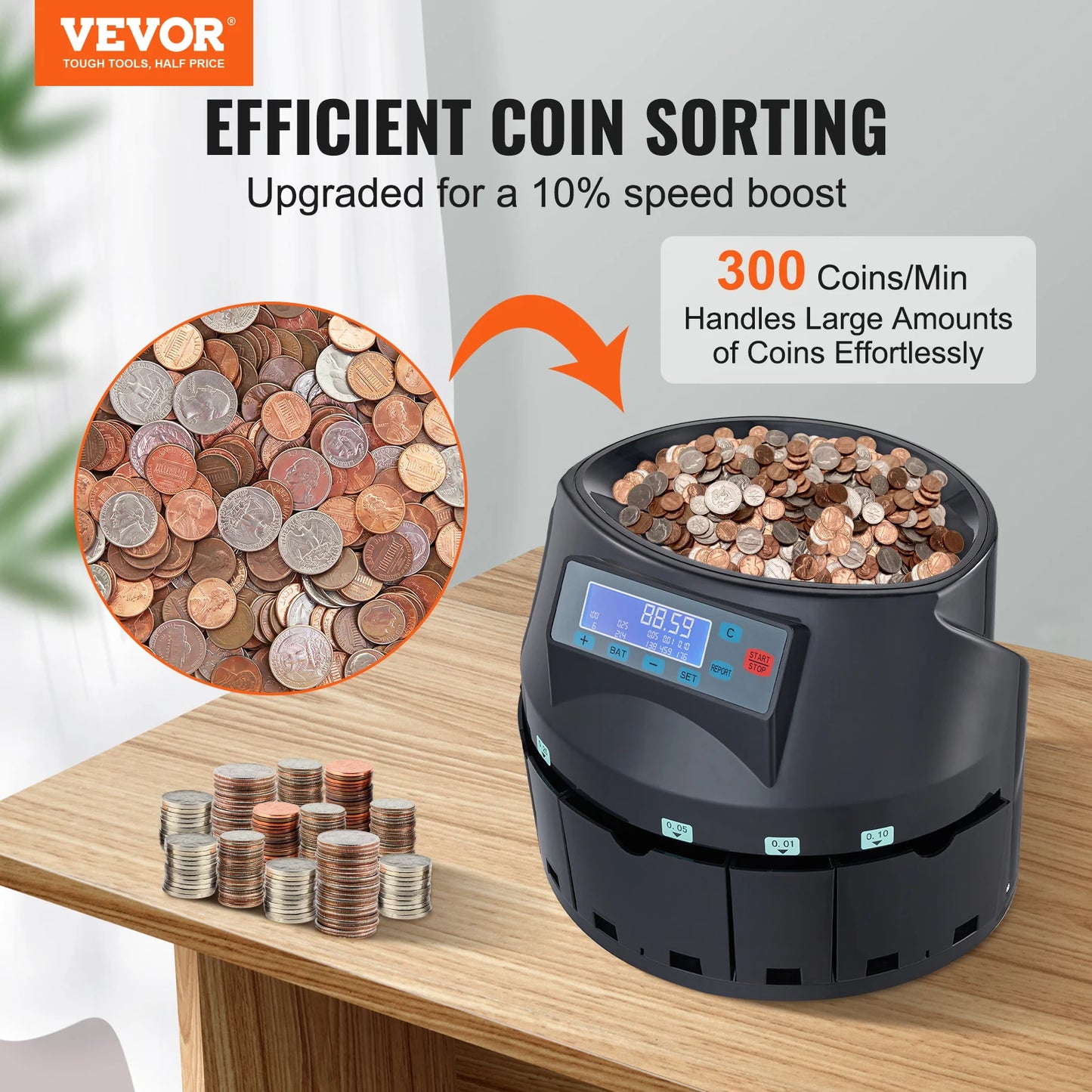 SucceBuy 230/300 Coins/Min USD Coin Sorter Counter Professional Electric Automatic Machine LED Display for School Shop Bank Home