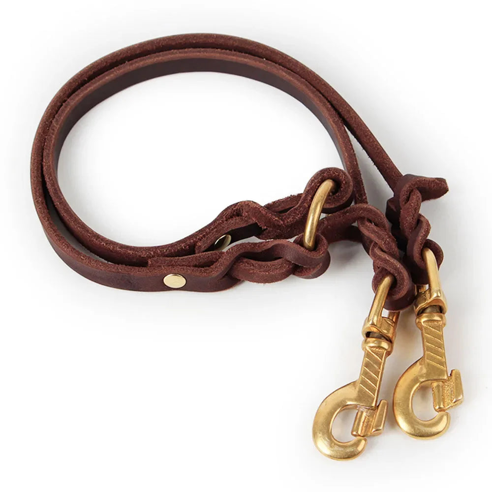 Real Leather Double Dog Leash No Tangle Dual Coupler