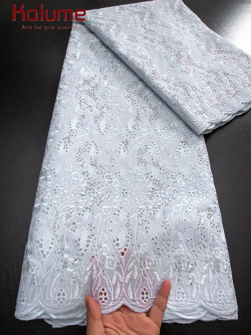 Kalume African Cotton Embroidered Lace Fabric With Stones