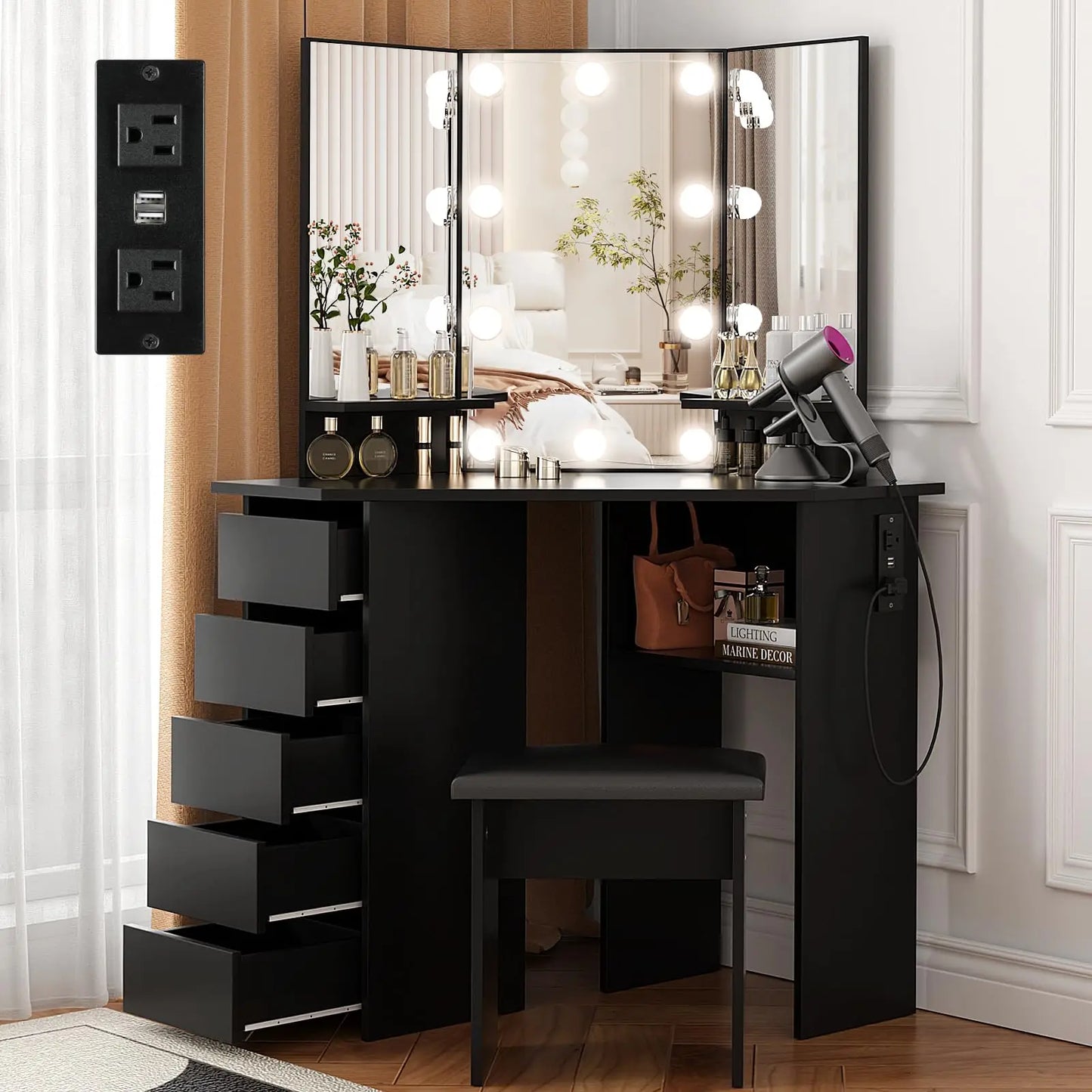 VOWNER Vanity With Lights And Mirror Makeup Table Stool