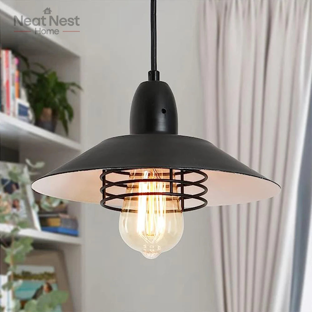 Farmhouse Vintage Black Pendant Light with Adjustable Spring Frame