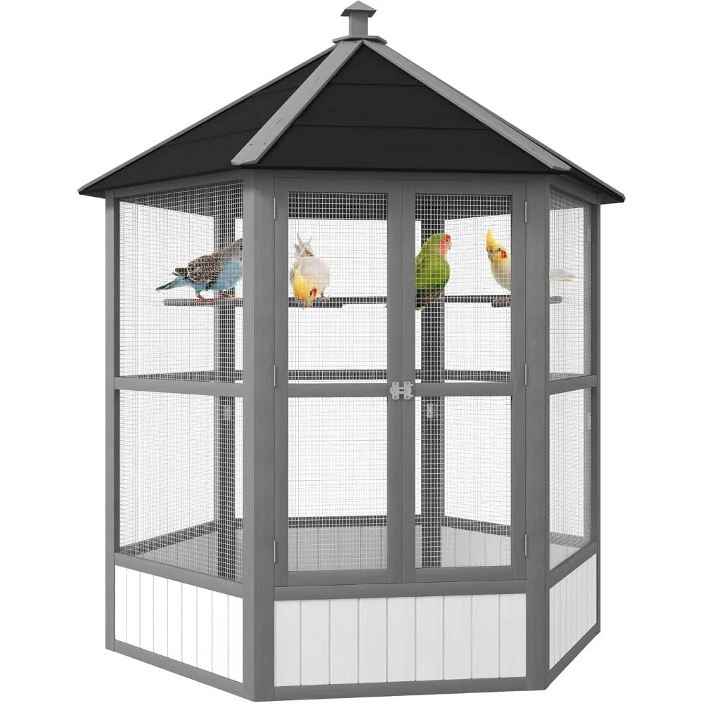 RBXCM Large Wooden Hexagonal Bird Cage – Spacious Outdoor Aviary