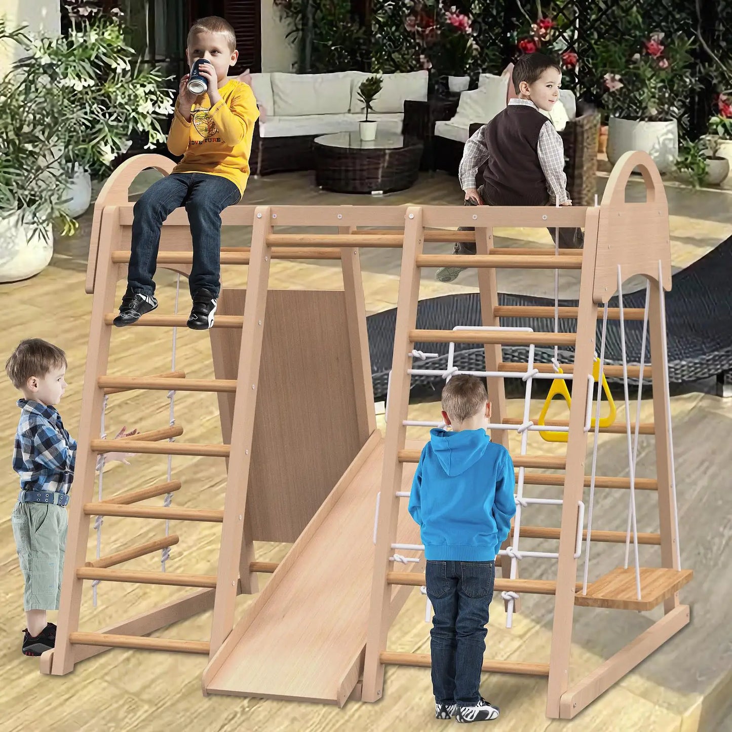 7 in 1 Indoor Wooden Jungle Gym Playset for Kids Age 2 to 6