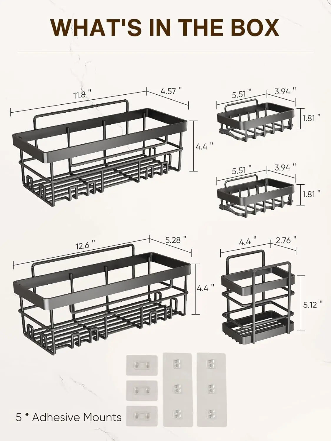 5 Pack Adhesive Shower Shelves No Drilling Black Storage Rack